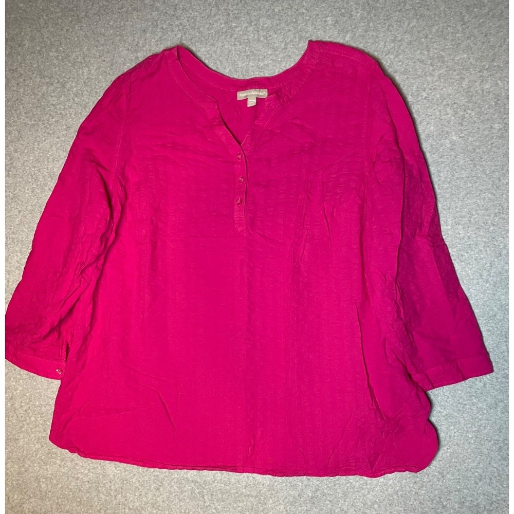 Woman Within Tunic Top 3X Fuchsia Roll Tab Sleeve Henley Barbiecore Cotton